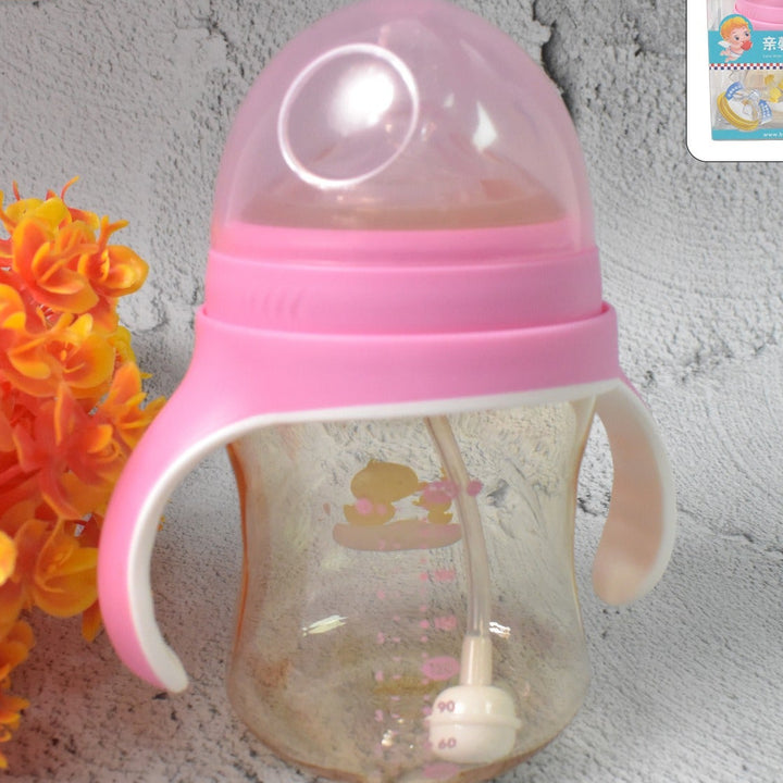 Plastic Baby Feeding Bottle With Handles Cleaning Brush  Straw (240 Ml  1 Pc)
