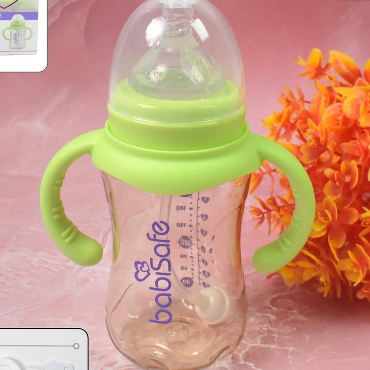 Plastic Baby Feeding Bottle With Handles Cleaning Brush  Straw (300 Ml  1 Pc)