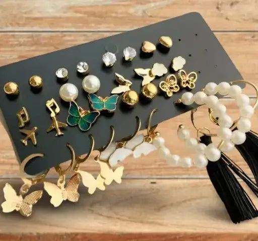 Vembley Combo of 17 Earrings for Girls and Women Gold Plated Pearl and Stone Studded Alloy Earring Set