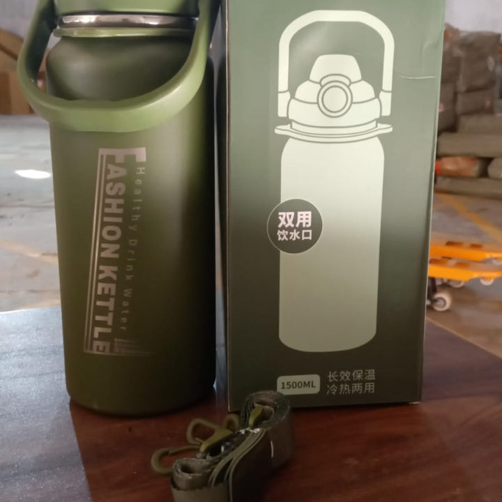 13039 Liter Stainless Steel Water Bottle With Straw Strap  Handle  Vacuum Insulated Thermos Flask Double-walled Coffee Thermos Flask Leak-proof Water Bottle For Sports Fitness Gym (1500ml)