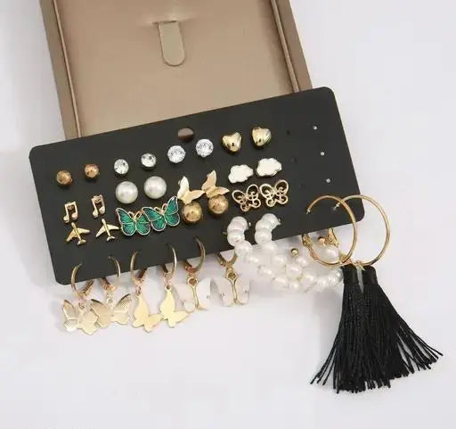 Vembley Combo of 17 Earrings for Girls and Women Gold Plated Pearl and Stone Studded Alloy Earring Set