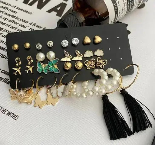 Vembley Combo of 17 Earrings for Girls and Women Gold Plated Pearl and Stone Studded Alloy Earring Set