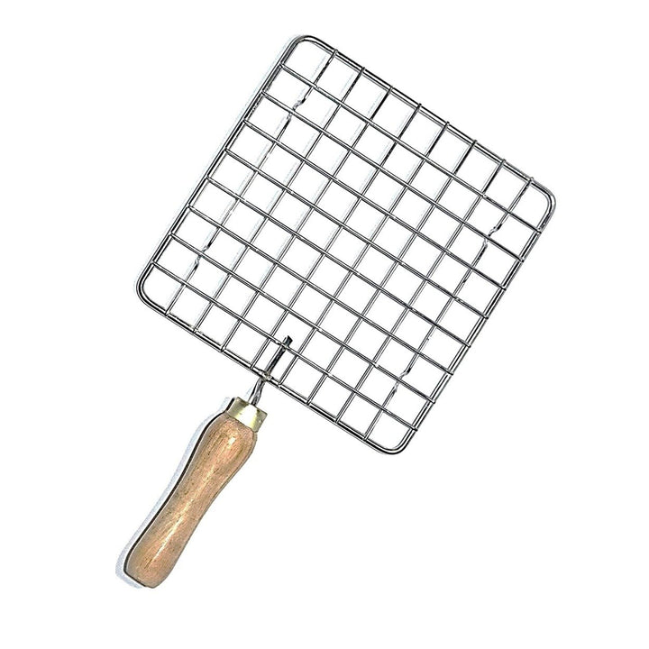 2086 Kitchen Square Stainless Steel Roaster Papad Jali Barbecue Grill With Wooden Handle