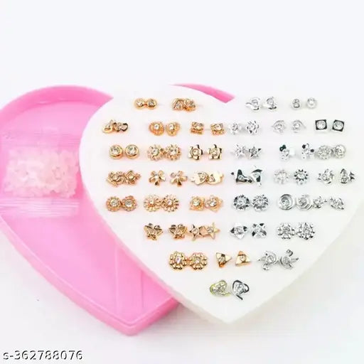 36 pair Silver & Gold stones earrings stud combo with heart shape box for Girls - Springkart 