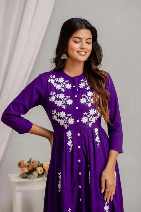 Women Rayon Anarkali Embroidered VioletKurti