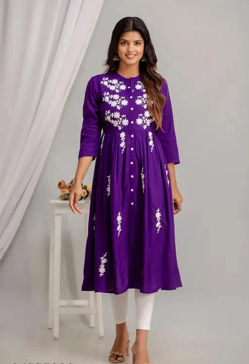 Women Rayon Anarkali Embroidered VioletKurti