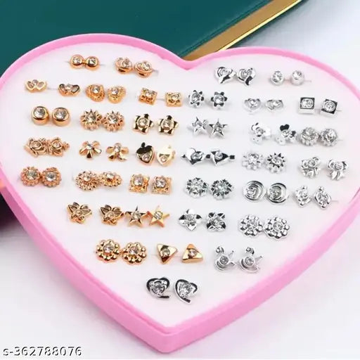 36 pair Silver & Gold stones earrings stud combo with heart shape box for Girls - Springkart 