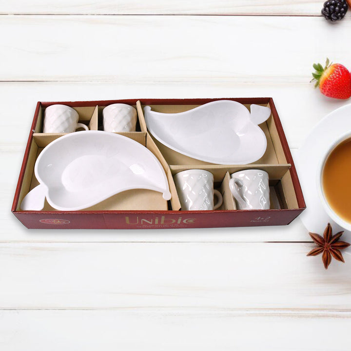 Unibic Ceramic Tea Cups With Plastic Leaf Shape Tray  Platter (6 Pcs Set)