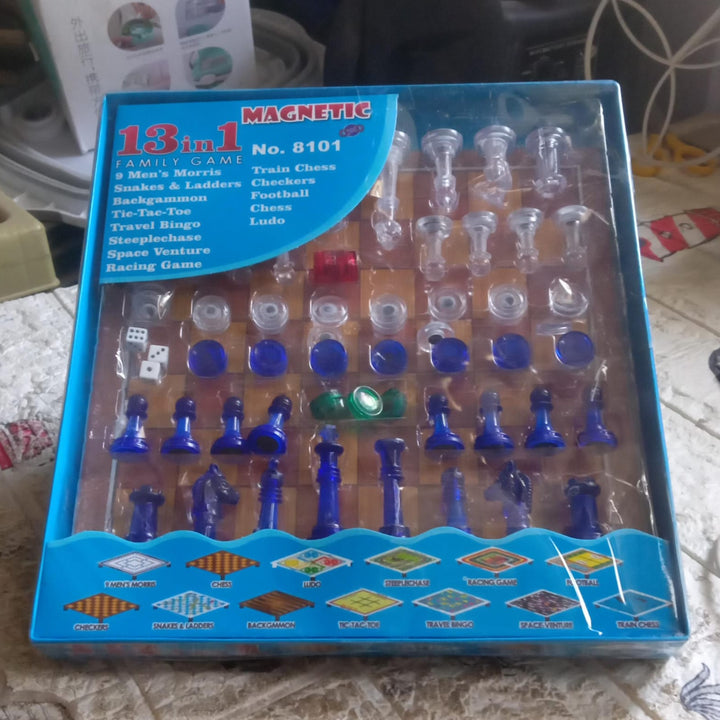 17669 13 In 1 Family Board Game Chess Snakes  Ladders Ludo Tic-tac-toe Checkers Travel Bingo Football Space Venture Steeplechase Set For Kids